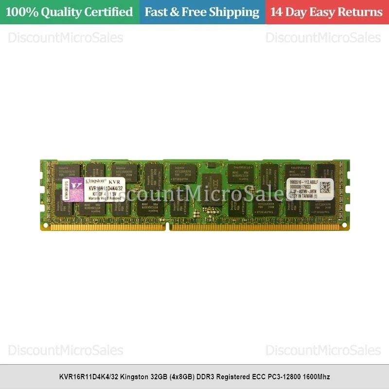 KVR16R11D4K4/32 Kingston 32GB (4x8GB) DDR3 Registered ECC PC3-12800 1600Mhz - Image 1 of 1