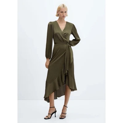 Vestido envolvente Mango MNG verde oliva satinado volantes maxi mediano M 6 cuento de hadas romántico Foto 1 de 4