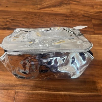 BLOOMINGDALES COSMETIC BAG SILVER METALIC SHINY BIG TRAVEL STORAGE NEW - Image 1 of 4