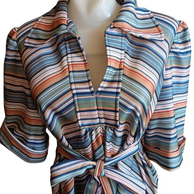 Vestido Sears a Rayas 15/16 Vintage Corbata Cintura Cuello Grande Escote Boho Años 70 Foto 1 de 4