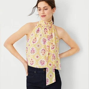 NWT ANN TAYLOR Yellow and Pink Halter Tie Neck Blouse Size XS - Picture 1 of 7