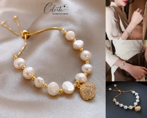 Sea shell Charm Gold Real Fresh Water Pearls White Crystal Charm Bracelet Gift - Foto 1 di 12