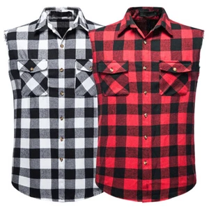 Men's Tartan Plaid Sleeveless Shirt Collared Button Down Tops Blouse Pockets - Picture 1 of 13