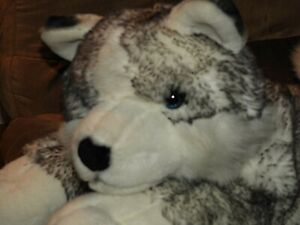 AURORA Super Mush Gray White Siberian Husky Stuffed Plush Dog Blue Eyes 28"