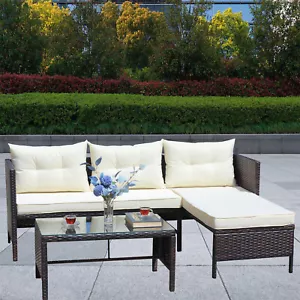 3 Piece Outdoor Patio Furniture Set Rattan Wicker Sectional Sofa w/Seat Cushions - Picture 1 of 10
