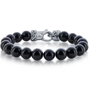 Blackjack Men's Bracelet Stainless Steel Genuine Black Onyx 10mm Bead ST-1627 - Picture 1 of 1