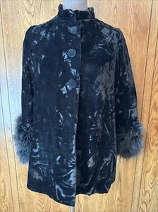 Vintage Mod 60s Crushed Velvet Coat Feather Cuff Sleeves Satin Lined Medium - Bild 1 von 11