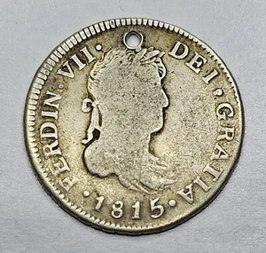1815 2 Reales VF Ferdinand VII Colonial Spain Silver Coin Holed  - Picture 1 of 8
