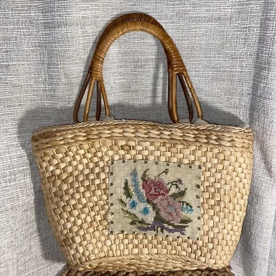 Bolso DE COLECCIÓN Aguja Rafia Floral Monedero Flores Bolso de Mano Aguja Años 60 Foto 1 de 4