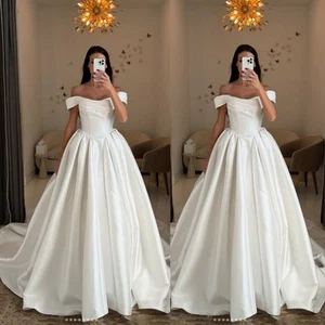 Strand Boho Satin Brautkleider Schulterfrei A Linie Weiß Brautkleider - Bild 1 von 10