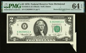 $2 1976 CUTTING ERROR Butterfly Fold DRAMATIC TWO DOLLAR ERROR PMG Ch Unc 64EPQ - Picture 1 of 2