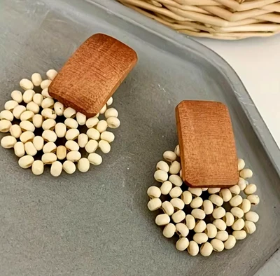 Bohemian Vintage Geometric Wooden Bead Earrings for Women Handmade Jewelry - Image 1 of 4