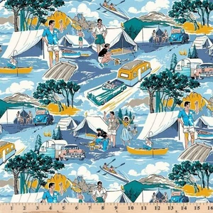 Retro Road Trip BBlue Vintage Road Trip 12083  100% Cotton Fabric By half yard - Picture 1 of 2