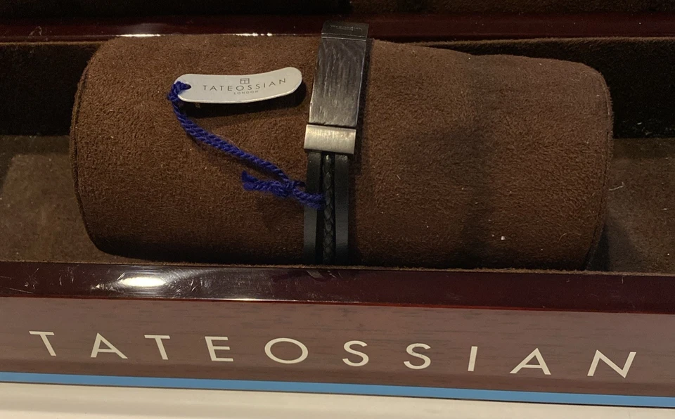 Tateossian Leather Sterling Silver Ebony Wood Bracelet NOS L - Image 1 of 4