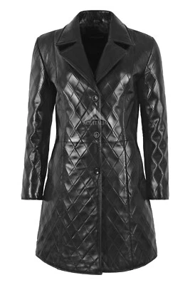 FLORENCE Ladies Coat Black Real Leather DIAMOND QUILTED 3/4 Overcoat Long Jacket - Image 1 of 4