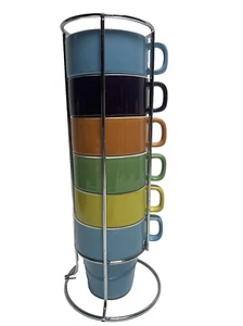 Pier 1 RAINBOW 6 Stoneware Stacking Coffe Cups in Chrome Wire Metal Rack - Picture 1 of 4