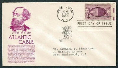 UNITED STATES 1958 FDC Atlantic cable centennial - Cyrus W. Field SE68C  - Image 1 of 2