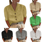 Women's Lapel Button Middle Sleeve Solid Cotton Linen Shirt Summer