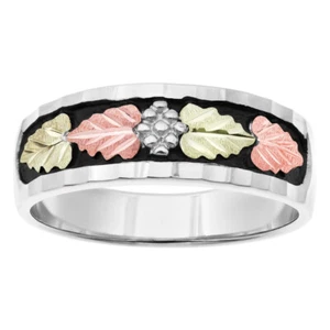 Alianza de boda de plata de ley para hombre con hojas de oro Black Hills y antigüedades - Imagen 1 de 1