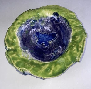 Folk Art Clay Dish Colorful With Butterfly Artist Signed Lily 8 Hippie Boho Pc - Picture 1 of 6