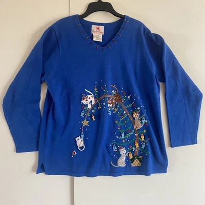 Y2K Quacker Factory Large Blue Cat Christmas Tree V-Neck Ramie Sweater Fish - Image 1 of 4