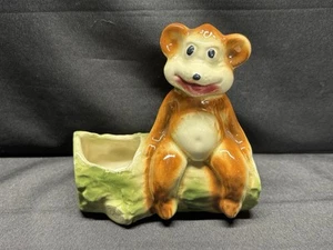 Vintage  American Shawnee Bisque Pottery HAPPY BEAR in Log Planter 3# - Picture 1 of 8
