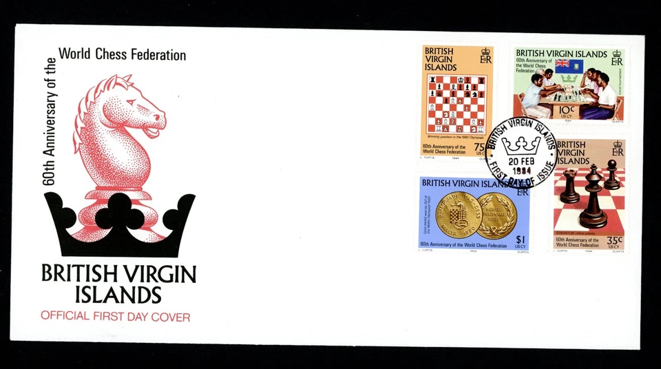 JEDREZ - Islas Vírgenes Británicas FDC #462-465 juegos Federación Mundial de Ajedrez 1984 Foto 1 de 1