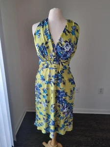 Evan Picone Size 16 Green & Blue Floral Halter Dress V-Neck Sleeveless Side Zip - Picture 1 of 11