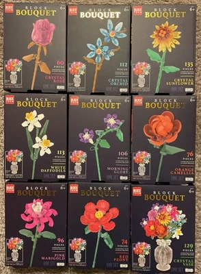 Block Tech Block Bouquet Complete Lot Of 9 With Vase Crystal Rose 2025 Series - Image 1 of 4