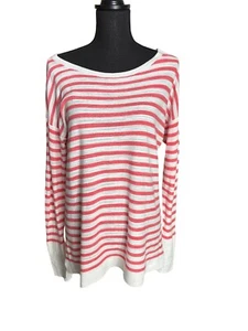 Ann Taylor LOFT Women's Salmon/White Stripe Lightweight LS Slub Knit Sweater L - Picture 1 of 7