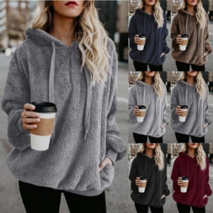 Women Fluffy Fleece Sweatshirt Hoodies Teddy Bear Winter Warm Hooded Jumper Tops - Picture 1 of 25