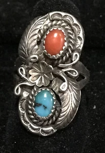Vintage Navajo Sterling Ring rote Koralle & Türkis von A.Cadman JC - Bild 1 von 7