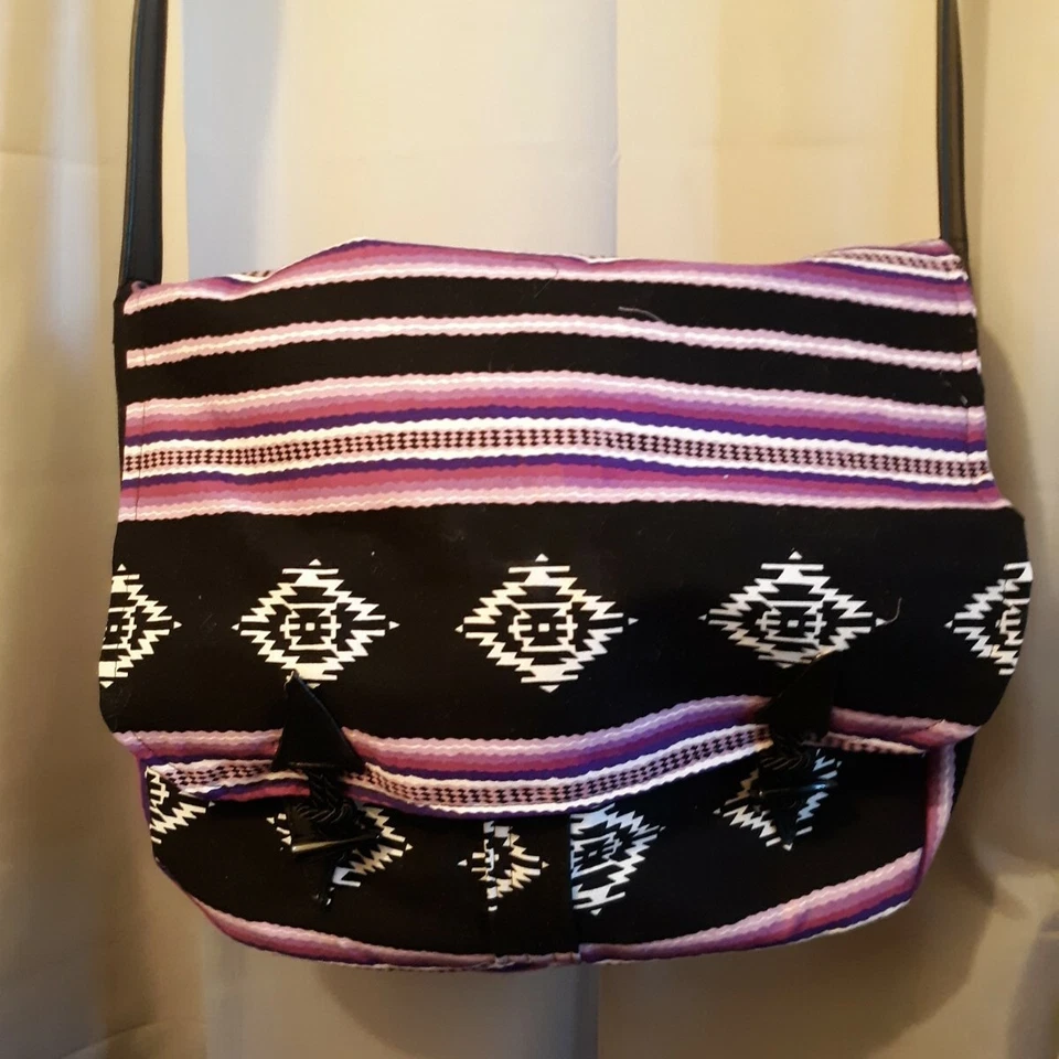 New Southwestern Aztec Western Crossbody Messenger bag Sarape Black Purple - Imagem 1 de 4