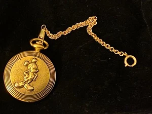 Mickey Verichron Quartz Gold Tone Pocket Watch Character Dial With Chain Read - Picture 1 of 7