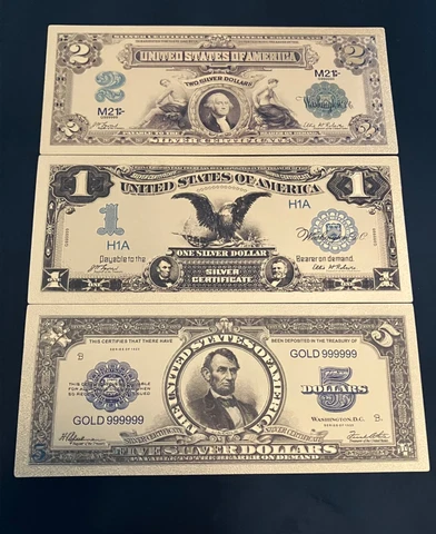 US 1923 Silver Certificate Gold Foil Dollar Banknotes  (3 Notes $2,$1,$5)~Fancy Cover