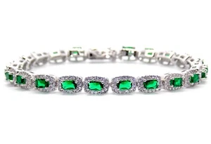 Silver Emerald & Diamond 14.86ct Emerald Cut Adjustable Tennis Bracelet - Picture 1 of 5