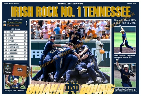 NOTRE DAME BEATS TENNESSEE TO ADVANCE TO COLLEGE WORLD SERIES 19”x13” POSTER Cover