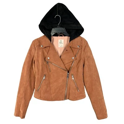 NWOT Free People XS Harriet Hooded Brown Vegan Leather Suede Moto Zip Jacket - Image 1 of 4