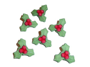 Holiday Christmas Holly Buttons 3D Realistic Shank Buttons (6) 1" Green & Red - Picture 1 of 4