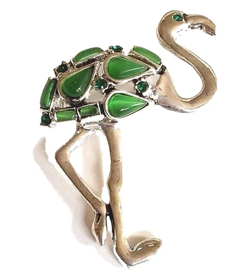 复古银鸵鸟火烈鸟胸针绿猫眼水晶岛镀鸟 — 第 1/4 张图片