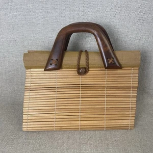 Vintage Bamboo Boho Beach Purse Handbag Wood Slat Double Wood Handle Natural - Picture 1 of 10