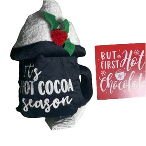 Christmas Red Hot Chocolate Sign 6”x6” & Black Mug Cocoa Plush 9.75”x12” Set - Picture 1 of 8