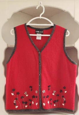Wool Blend Vest Size L Red Flower Embroidered Button Front Warm Layer Top Flaw - Image 1 of 4
