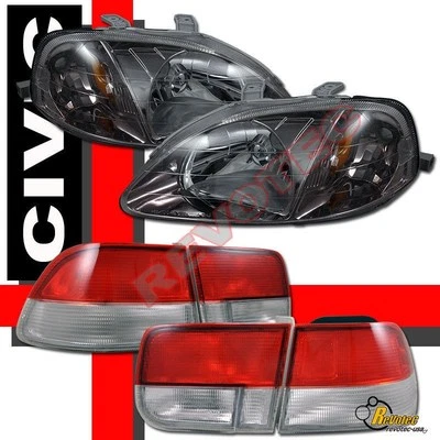 Faros JDM Gunmetal + luces traseras rojas transparentes para Honda Civic 99-00 cupé de 2 puertas  Foto 1 de 4