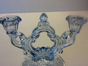 Elegant Depression Glass Cambridge Apple Blossom Willow Blue 2 Lite Candlestick - Picture 1 of 8