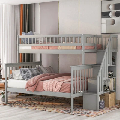 Twin Over Full Bunk Bed with Storage & Stairway Wood Bed Frame Bedroom Furniture - Image 1 of 4