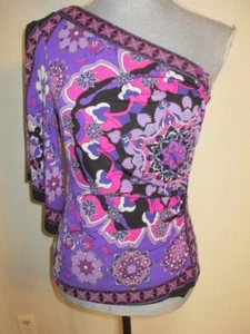Cache FAB! Purple Pink White Black Silver Ruched One Cold Shoulder Chic Top S - Picture 1 of 7