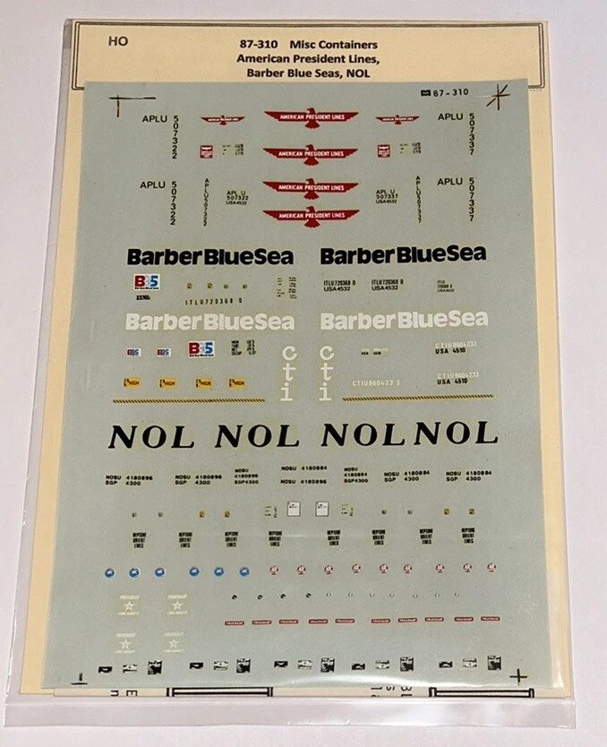 MICROSCALE HO DECAL-MISC CONTAINERS: APL/BARBER BLUE SEAS/NOL   #87-310 - Image 1 of 1