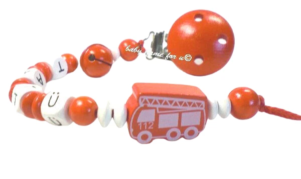  Schnullerkette mit Namen Feuerwehr 112 Auto Junge Mädchen rot weiss Geburt Holz - Bild 1 von 4