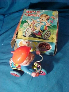 1950s BOY On TRICYCLE Tin Litho WIND UP TOY Japan WORKS GOOD w BOX - Picture 1 of 3